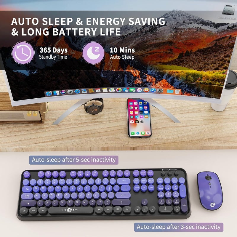 FD Wireless Keyboard and Mouse Combo | Cute Colorful Keyboard and Mouse with 2.4GHz Cordless Retro Typewriter Keyboard | Auto-Sleep | USB Receiver for Windows PC/Laptop - Black Purple Gradient - Image 5
